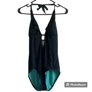 Guess One Piece Swimsuit Ruffle Halter Tie Top Gold Accent Black Size Medium